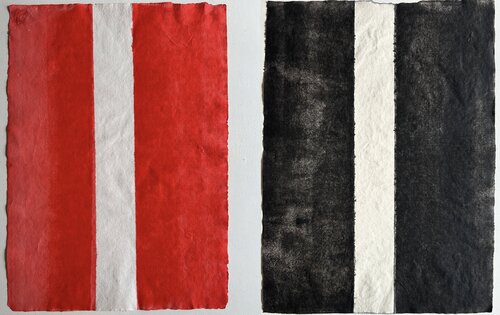 Inspiration durch Barnett Newman, abstrakte malerei auf handgeschöpftem Büttenpapier von Thomas Peter Kausel, Malerei kaufen auf Select
