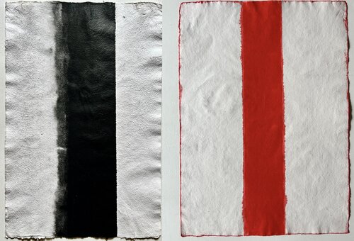 Inspiration durch Barnett Newman, abstrakte Malerei auf handgeschöpftem Büttenpapier von Thomas Peter Kausel, Malerei kaufen auf Select