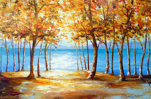 Autumn sunrise on the river by Olha Darchuk, Painting for Sale on Select