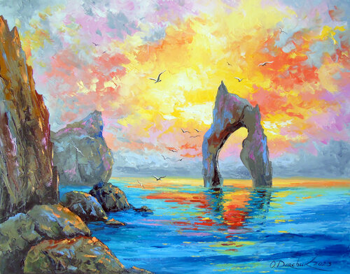 Dawn on the rocky shore by Olha Darchuk, Painting for Sale on Select