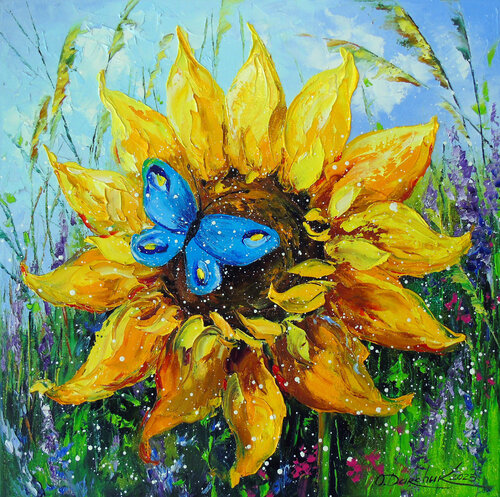 Sunflower and Butterfly by Olha Darchuk, Painting for Sale on Select