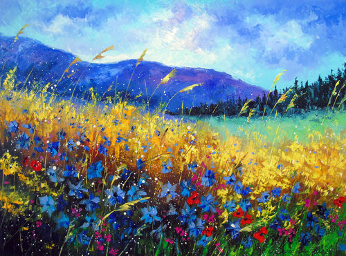 Field flowers in the mountains by Olha Darchuk, Painting for Sale on Select