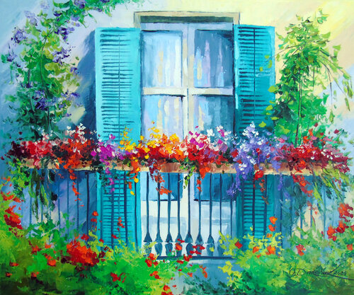 Blooming balcony by Olha Darchuk, Painting for Sale on Select