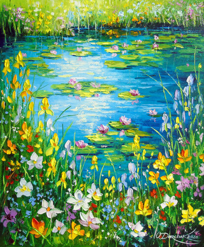 Pond by the Blooming Bank by Olha Darchuk, Painting for Sale on Select