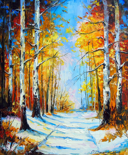Birch Forest. First Snow. by Olha Darchuk, Painting for Sale on Select