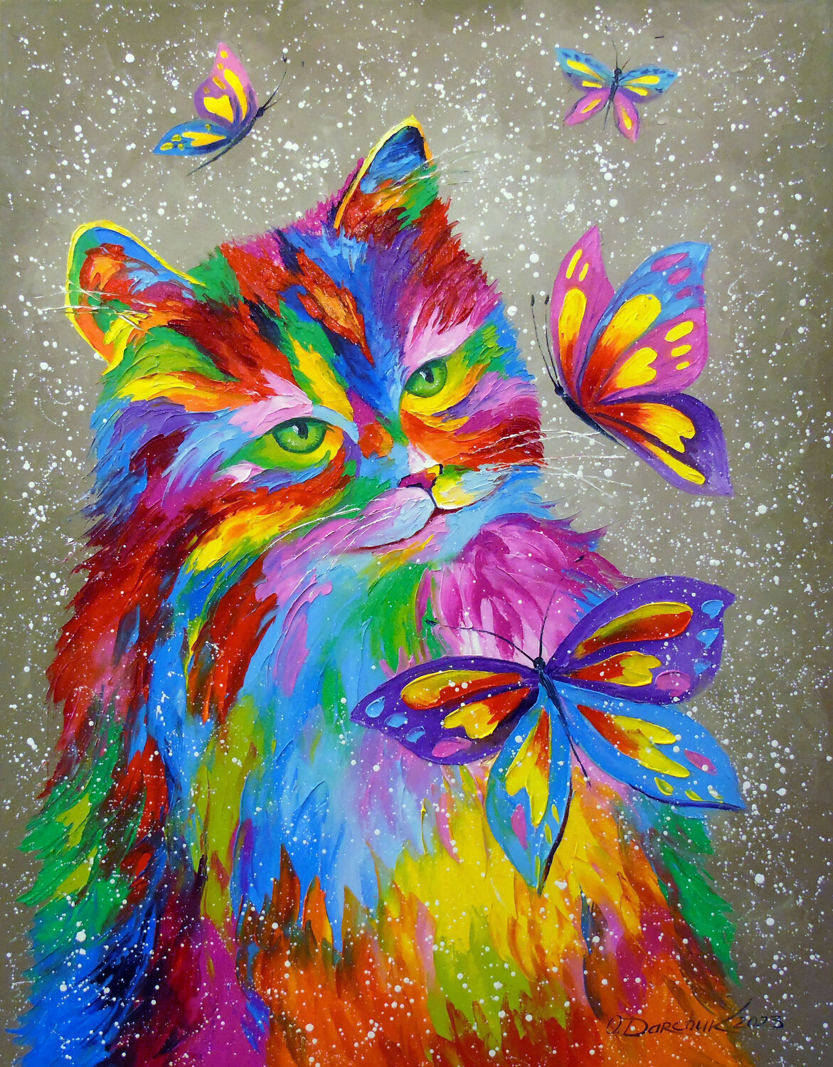 The rainbow cat and butterflies Olha Darchuk Original painting for sale