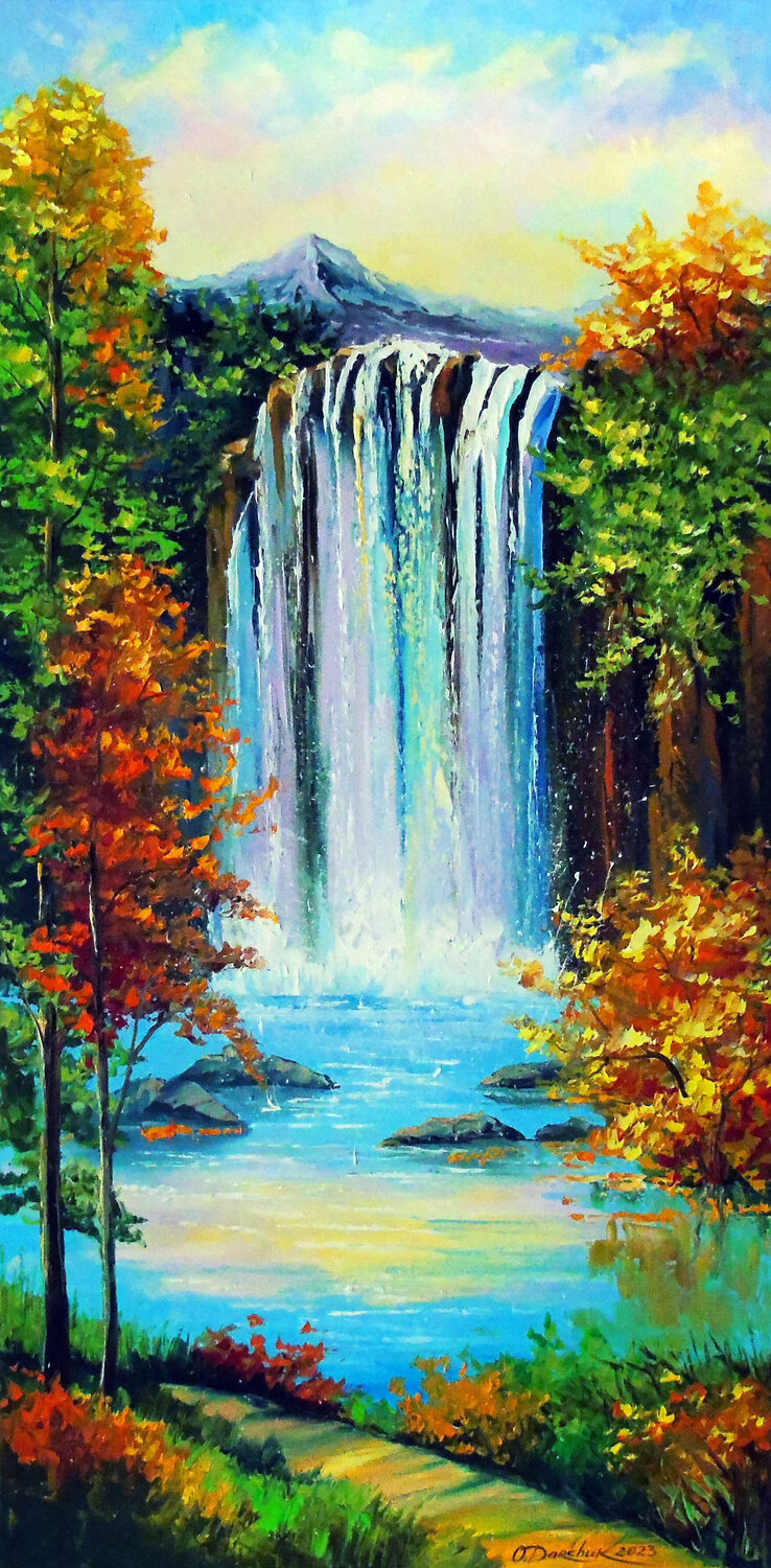 Mountain waterfall by the lake Olha Darchuk Original painting for sale