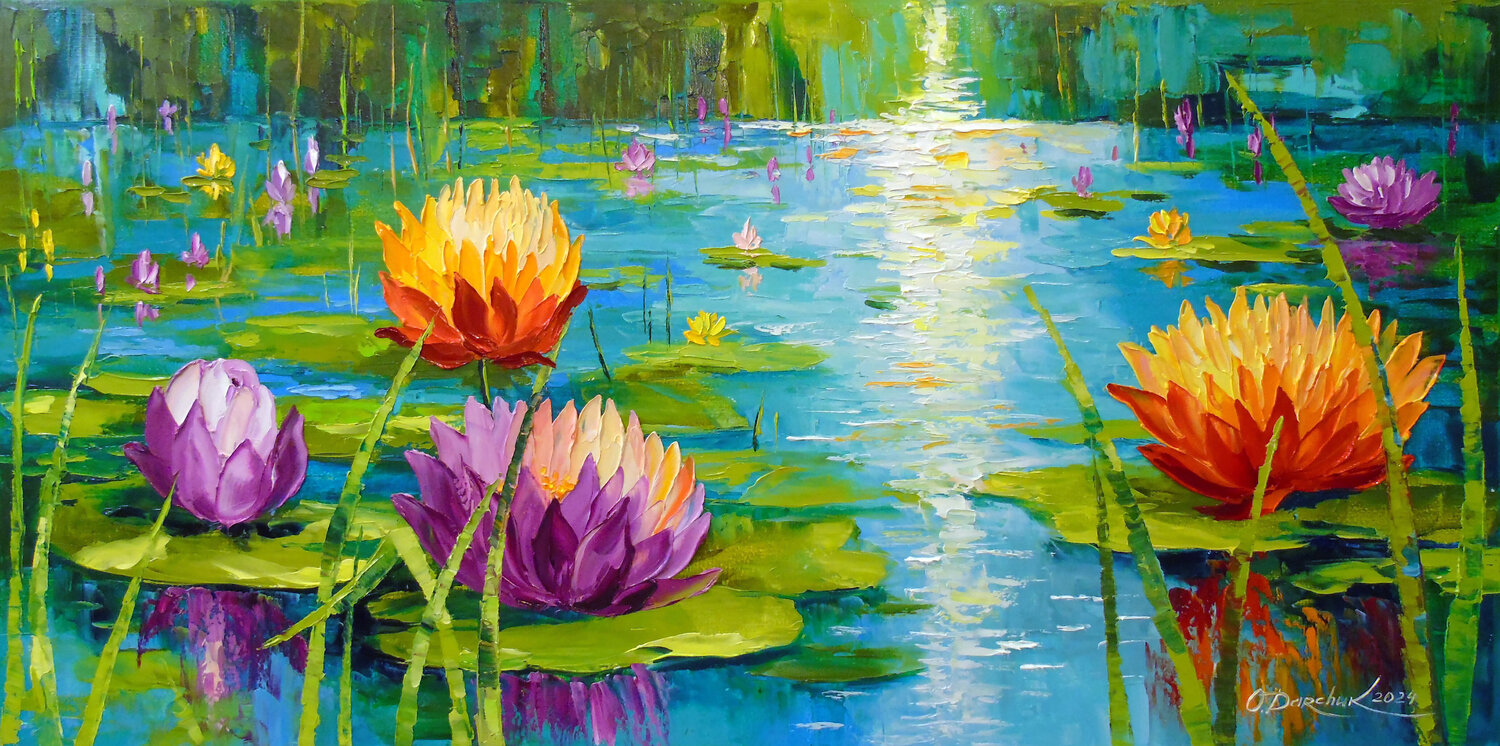 Blooming Lilies: Serenity on Water Olha Darchuk Original painting for sale