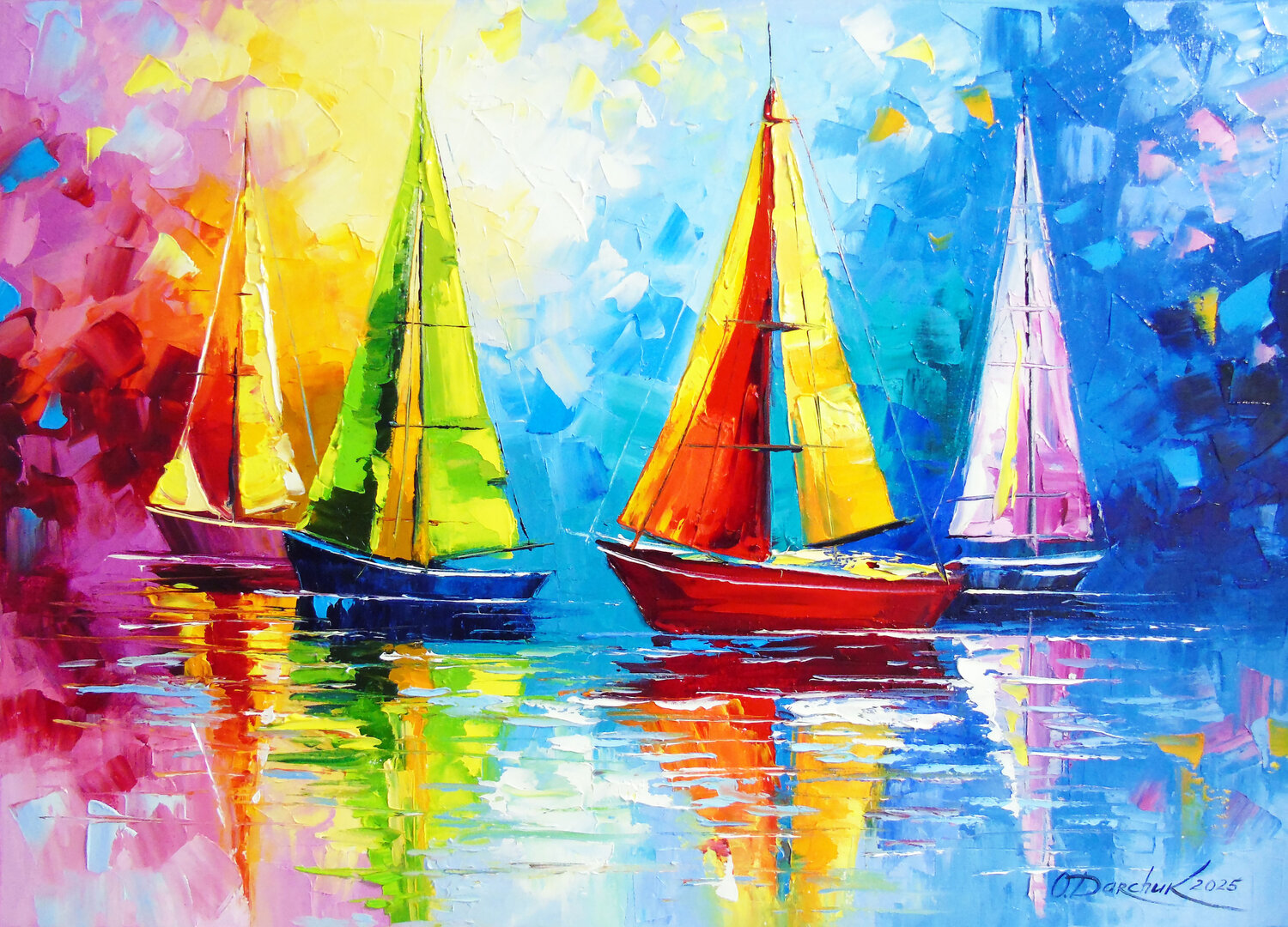 Sailboats in the rainbow dawn Olha Darchuk Original painting for sale