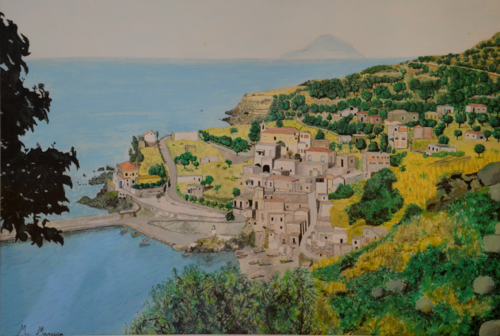 Panorama Rinella isole Eolie (1989) - tempera su cartoncino - cm 55 x 40 by Massimo Mancuso, Painting for Sale on Select