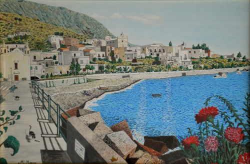 Panorama di Salina (1989) - tempera su cartoncino - cm 55 x 40 by Massimo Mancuso, Painting for Sale on Select