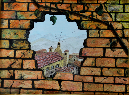 Panorama dal buco nel muro (1995) - olio su tela - cm 70 x 50 by Massimo Mancuso, Painting for Sale on Select