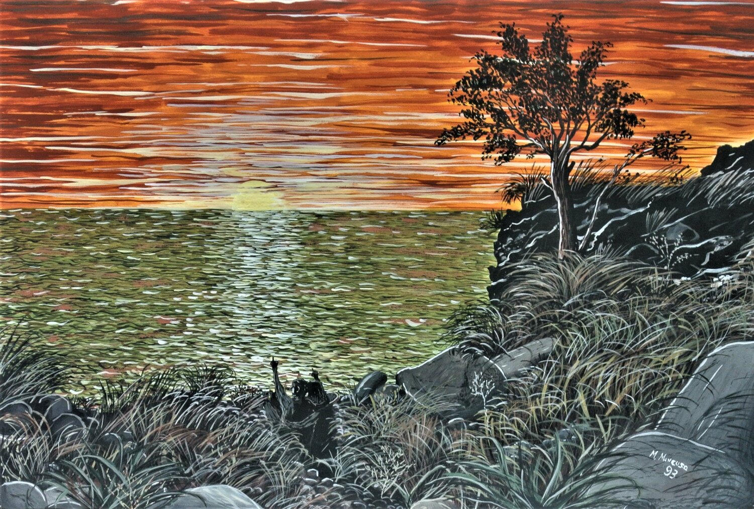 Innamorati nel tramonto (1993) - tempera su cartoncino - cm 70 x 50 Massimo Mancuso Original painting for sale