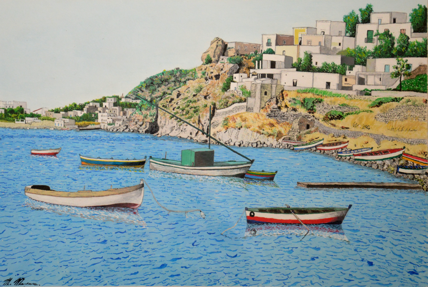 Scorcio di Panarea (1989) - tempera su cartoncino - cm 55 x 40 Massimo Mancuso Original painting for sale
