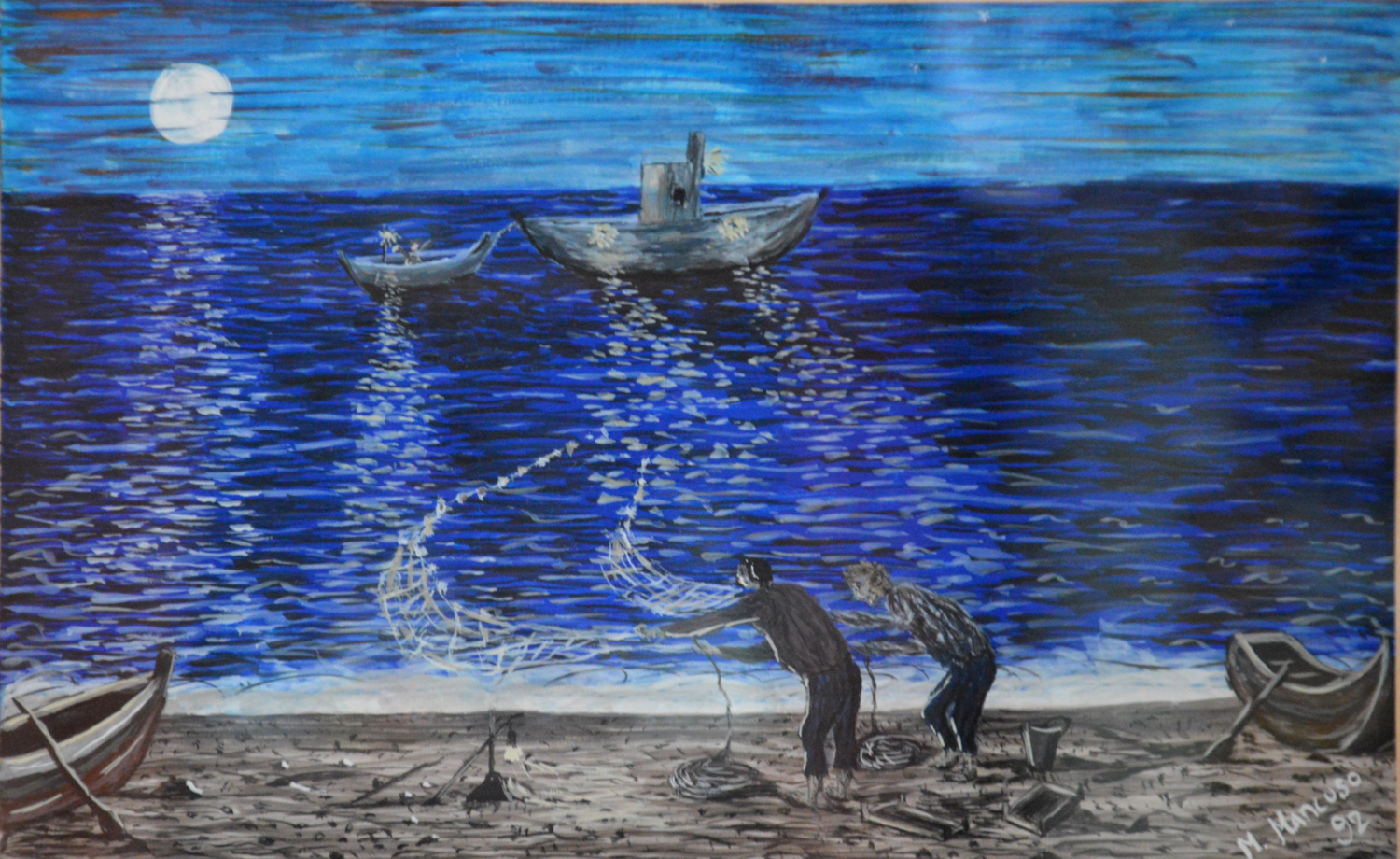 Pesca di notte (1992) - tempera su cartoncino - cm 40 x 25 Massimo Mancuso Original painting for sale