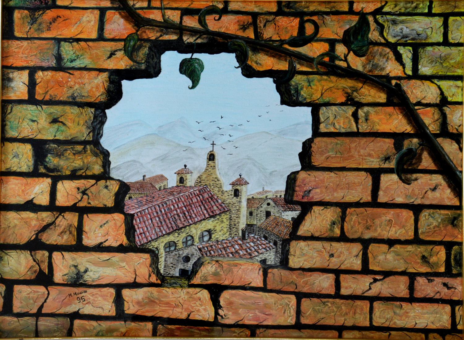 Panorama dal buco nel muro (1995) - olio su tela - cm 70 x 50 Massimo Mancuso Original painting for sale