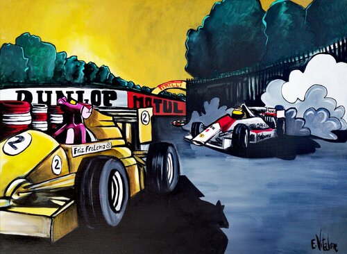 Ayrton Senna se tire la bourre avec la panthère rose by Eddy Vitalone, Painting for Sale on Select