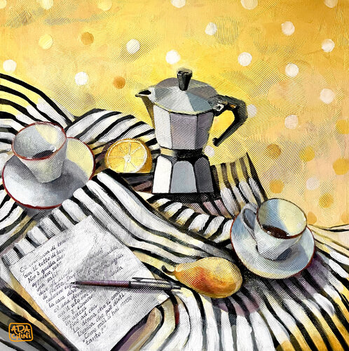 yellow still life with moka by Ada Chini, Painting for Sale on Select