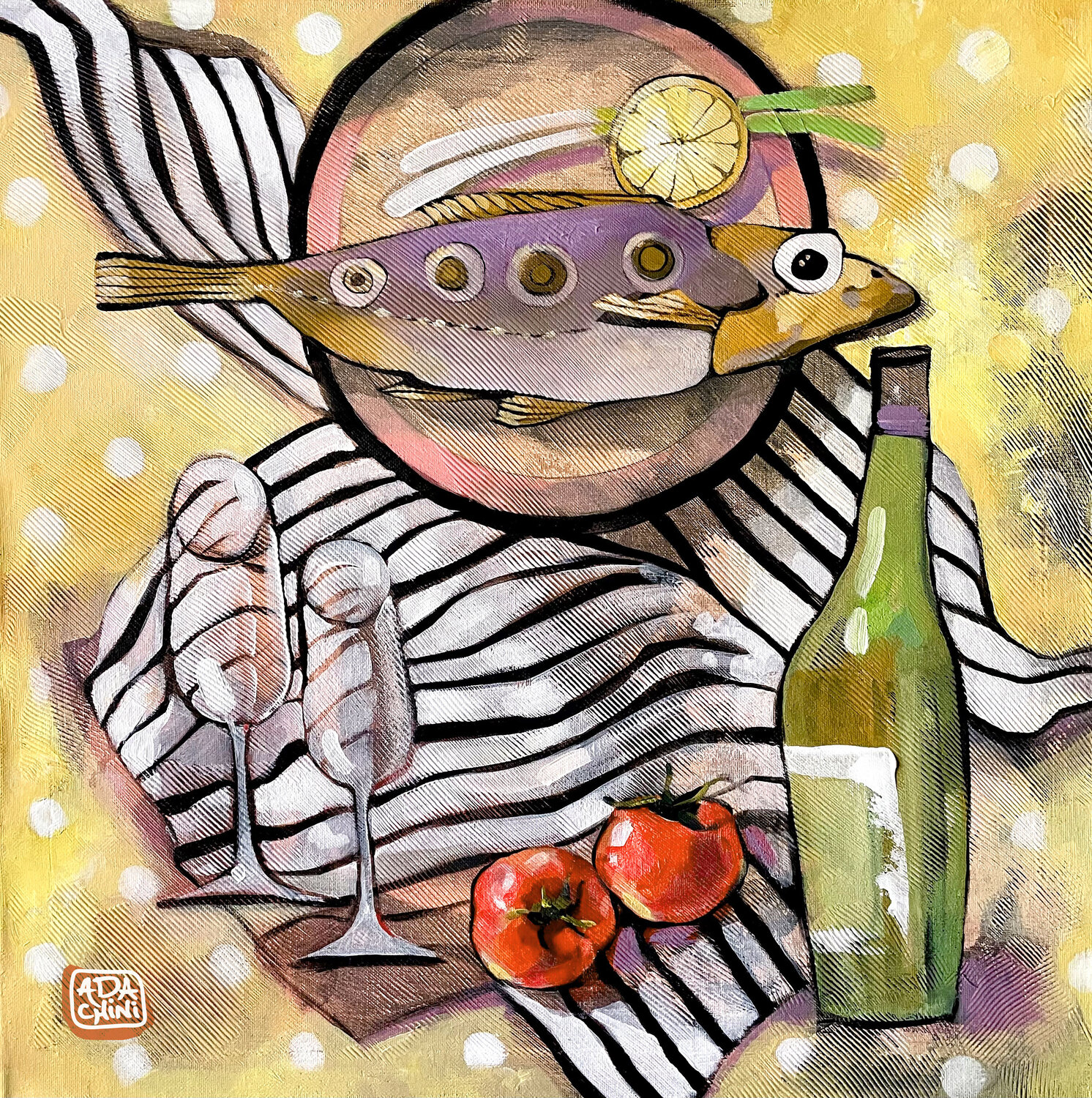 yellow still life with fish Ada Chini Original painting for sale