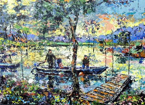 Pêcheurs sur le fleuve Lima by Nathalie Jaguin, Painting for Sale on Select