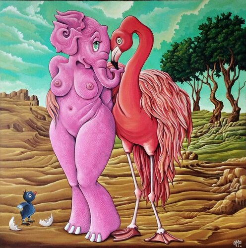 Bella et le flamand rose by Veronique Peytour, Painting for Sale on Select