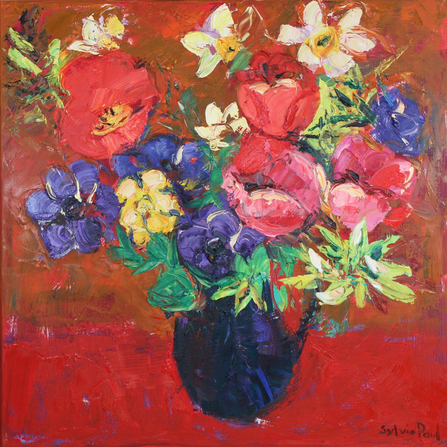 Flowers on Red Sylvia Paul Original painting for sale