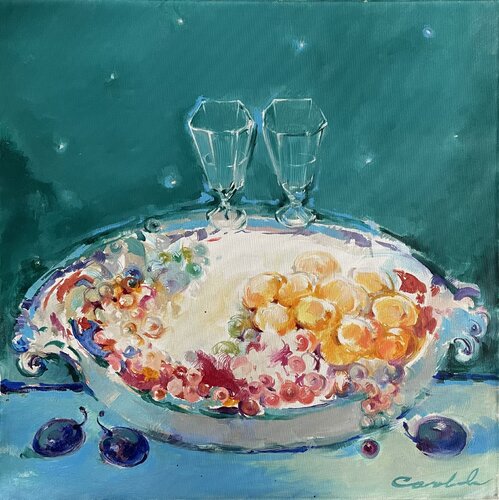 "GREEN CALVADOS"-Fruits snd calvados-'' TURQUOISE NIGHT"-Two glasses -Summer day-Fruit vodka -Meeting together- Modern still life by Olga Soloviova, Painting for Sale on Select