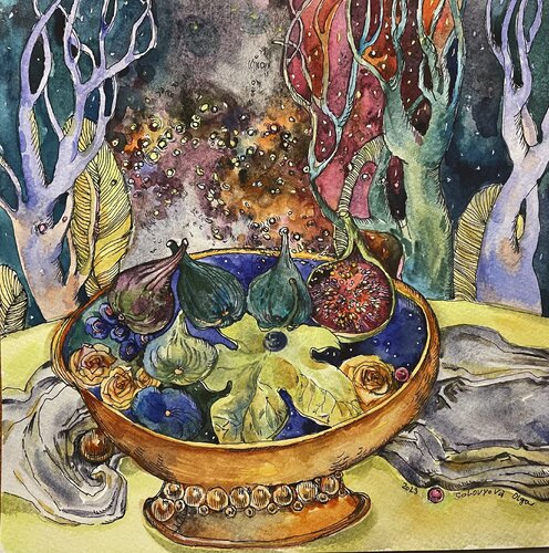 ,,FIG SEASON,,-small watercolor painting -ripe figs-mysterious forest- blue trees and figs-Golden vase with figs-Yellow roses and figs- Fruit and blossom in a golden vase by Olga Soloviova, Painting for Sale on Select