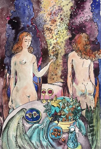 ,, Two glasses of wine,  -small watercolour painting  -Under the night stars-Two women-Love story-Blue Forest Mystery-Young women with red hair by Olga Soloviova, Painting for Sale on Select