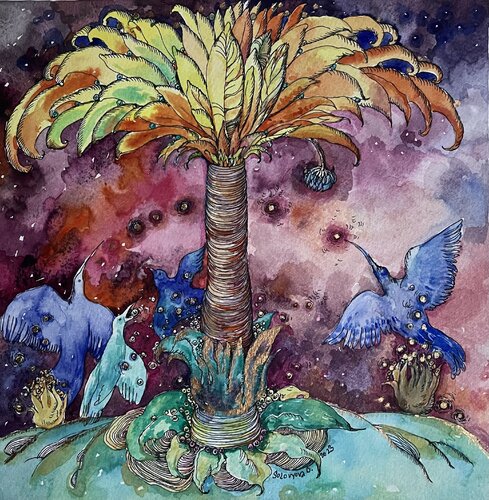 ,,Golden palm- small watercolour painting -Blue birds and golden palm-Pink&yellow&blue-Magic bowl-Faery palm-Magical forest by Olga Soloviova, Painting for Sale on Select
