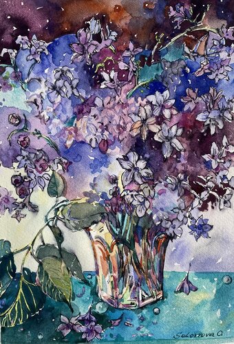 ,,Lilac branch in a glass,,-small watercolour  painting-LILAC-spring-Lilac fragrance-Purple  Lilac by Olga Soloviova, Painting for Sale on Select