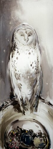 ''BLUE POMEGRANATE''-  Series"Birds"- White&Grey -Winter  bird-OWL-White owl by Olga Soloviova, Painting for Sale on Select