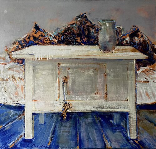 ROOM WITH COLORED PILLOWS"-White  table-Still life with a white table-Jug of milk- COLORED PILLOW -WHITE&BLUE by Olga Soloviova, Painting for Sale on Select