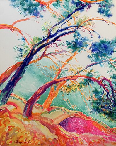 GARDENS OF EDEN  -  Pink-orange trees  -Gardens by the sea  -The Garden of Eden-Rainbow trees by Olga Soloviova, Painting for Sale on Select