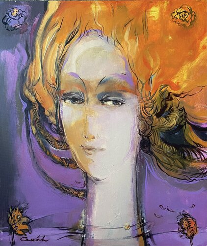 GIRL WITH RED HIAR  - ORANGE MOOD -FEMALE  IMAGE -PURPLE EVENING -FEMALE VIEW -fiery passion -ORAGE PORTAL by Olga Soloviova, Painting for Sale on Select