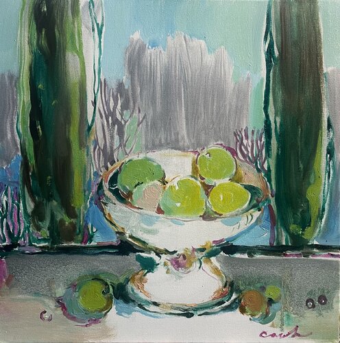 HUNDRED SHADES OF GREEN - GREEN SHADES -GREEN FRUITS -The poplars and limes -Green fruits in a white vase  -Still life in grey green colours - Spring by Olga Soloviova, Painting for Sale on Select