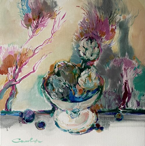 STill life with  artichokes  -Artichokes on a background of a pink trees -exotic evening -still life in silvery pink tones -artichokes in the white vase by Olga Soloviova, Painting for Sale on Select