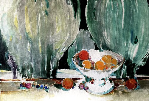 STII LIFE BETWEEN TREES - SICILIAN ORANGES - BETWEEN THE GREY TREES -GREY AND ORANG -SILVER TREES by Olga Soloviova, Painting for Sale on Select