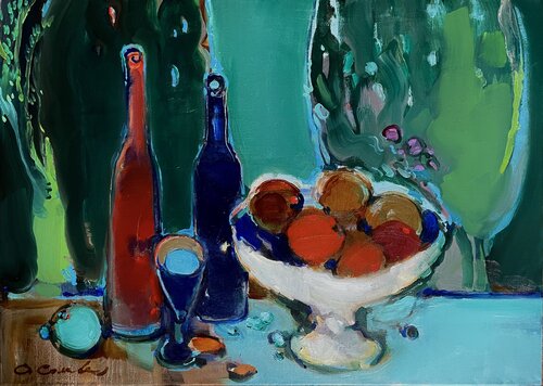 GREEN NIGHT -BLUE WINE -Green night and Blue wine -Red oranges -GREEN AND RED by Olga Soloviova, Painting for Sale on Select