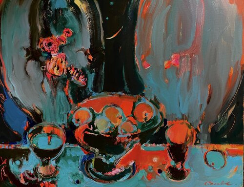 RED MOON-RED LIGHT-red and black-Red light-Still life in a red tones-Moon in the sky by Olga Soloviova, Painting for Sale on Select