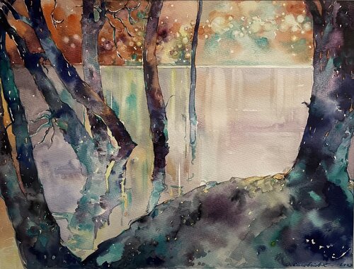 LIGHT ON THE OTHER SIDE-LIGHT-TREES IN THE WATER  - COLOURFUL NIGHT- Blue trees by Olga Soloviova, Painting for Sale on Select