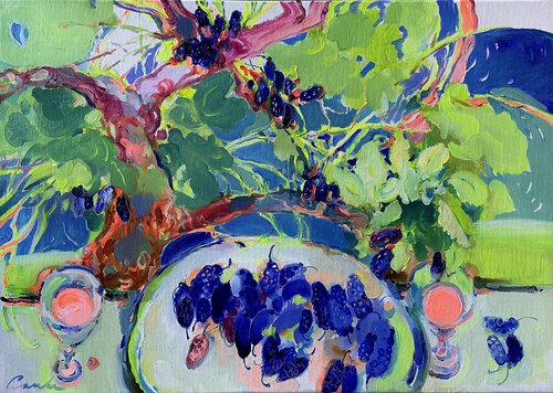 Blue mulberry-In the summer garden-Orange drink and the mulberry tree-Still life under the tree-Bright summer von Olga Soloviova, Malerei kaufen auf Select