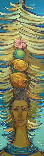 Bright girl portrait - "Fruit pyramid" - Exotic portrait - 2005 by Olga Soloviova, Painting for Sale on Select