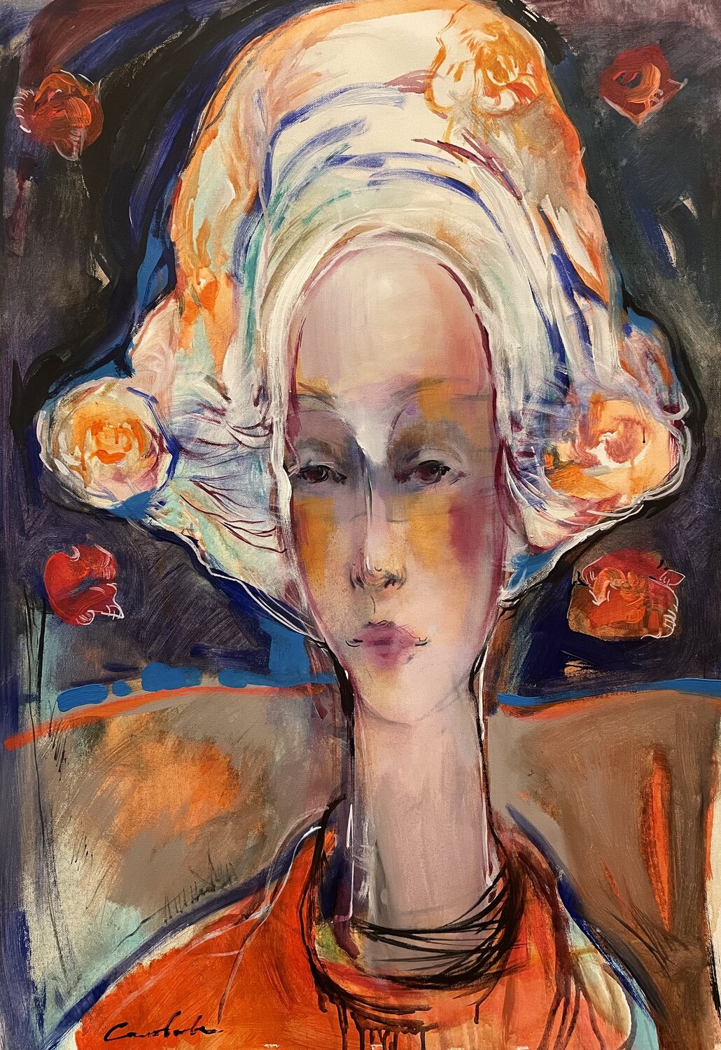 Modern portrait-,,Girl with orange flowers,, -Beautiful Girl- Expressionism-Modern-Black&Orange-Mysterious girl Olga Soloviova Original painting for sale