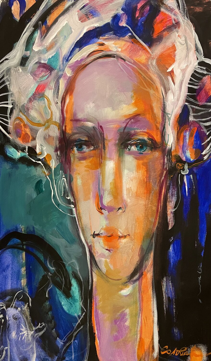 Modern portrait- Girl with orange light -Beautiful girl-Expressionism-Blue&Orange-Memories Olga Soloviova Original painting for sale