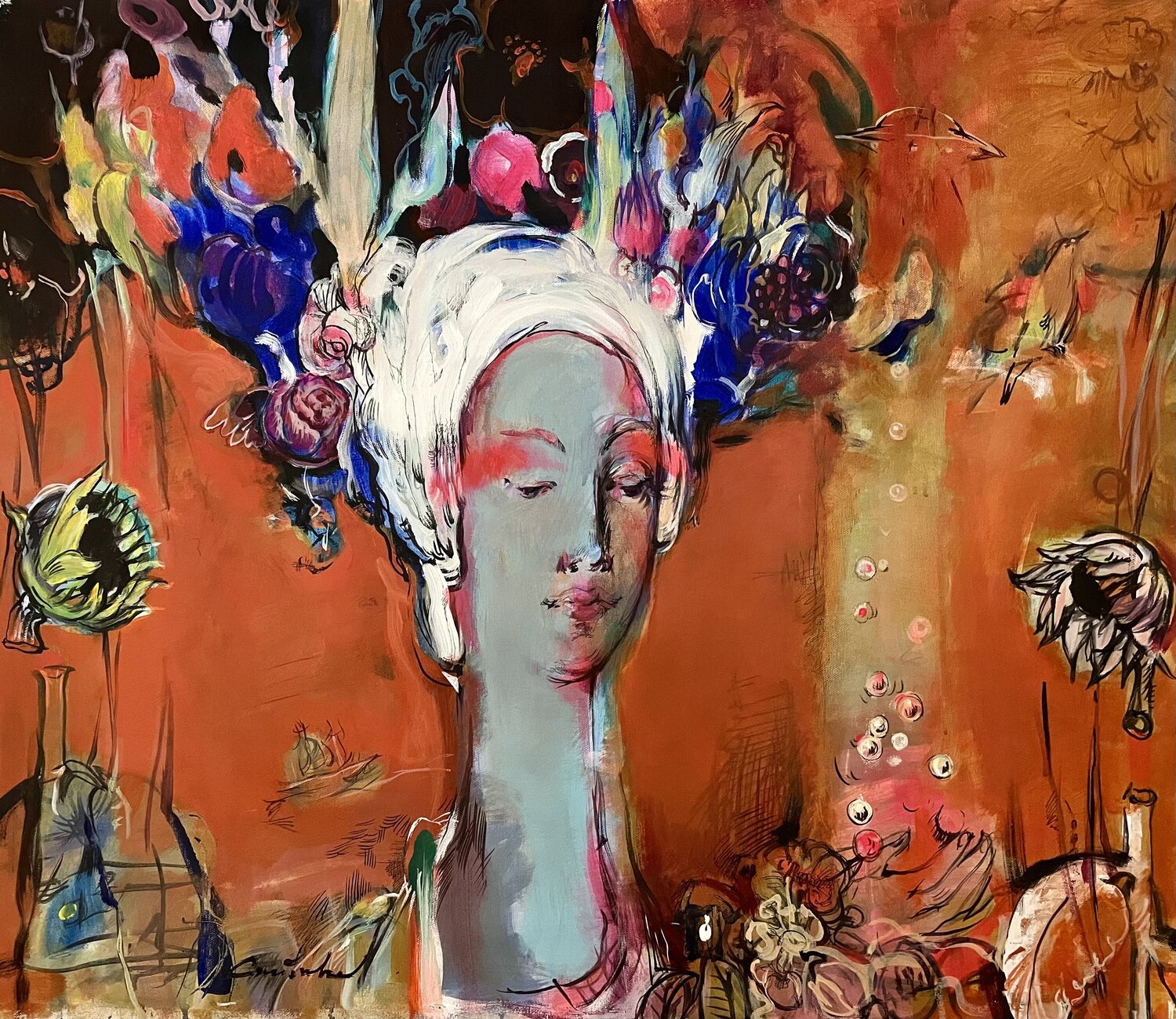 Modern portrait -"Girl in a white headscarf and blue irises in her hair"-Beautiful girl with pearls-Mystical girl- Blue&Read-Orange Olga Soloviova Original painting for sale