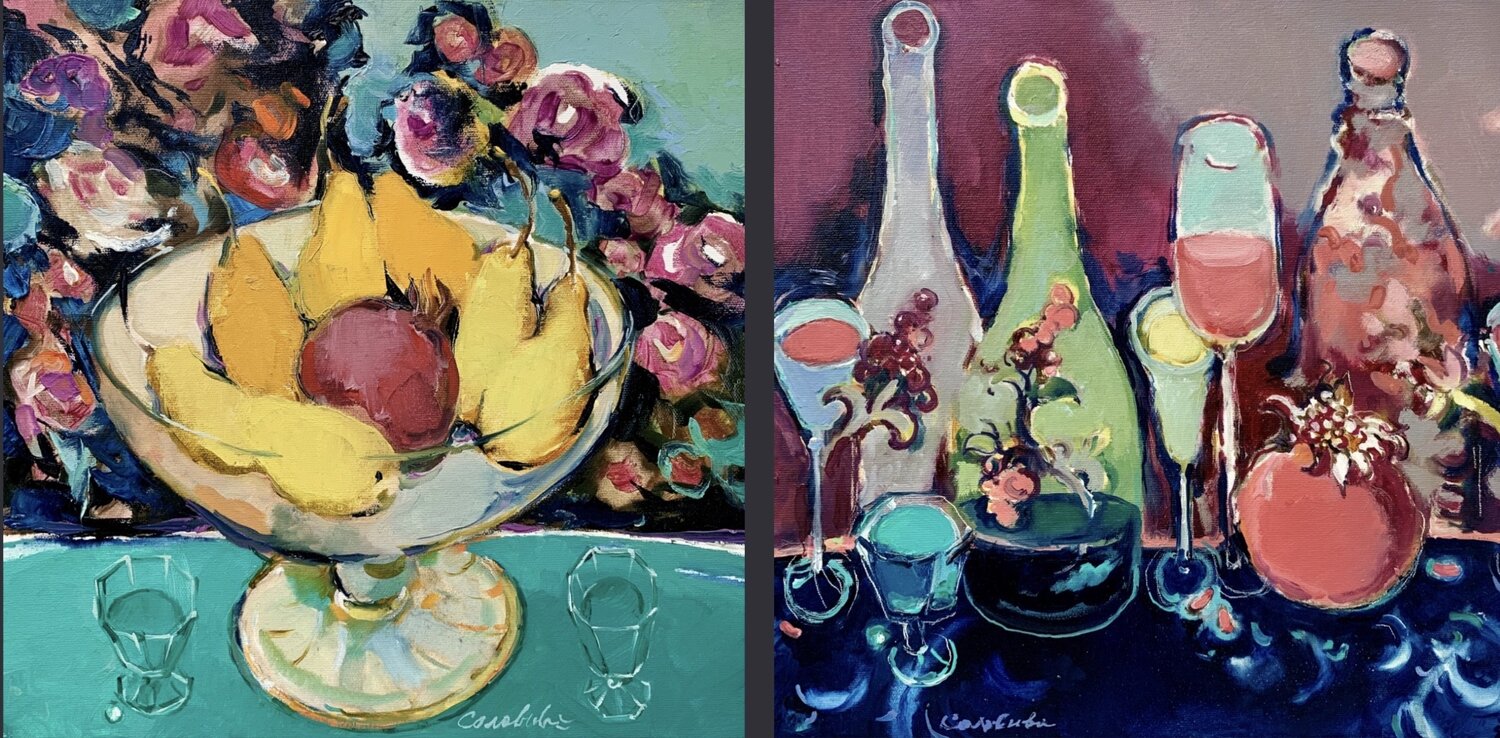 DIPTYCH   "RED WINE AND YELLOW PEARS" "SAMER EVENING"  " FLOWER EVENING AND CALVADOS"  "YELLOW&TURQUOISE"  " RED&BLUE"   "BARDO EVENING WITH RED WINE" Olga Soloviova Original painting for sale
