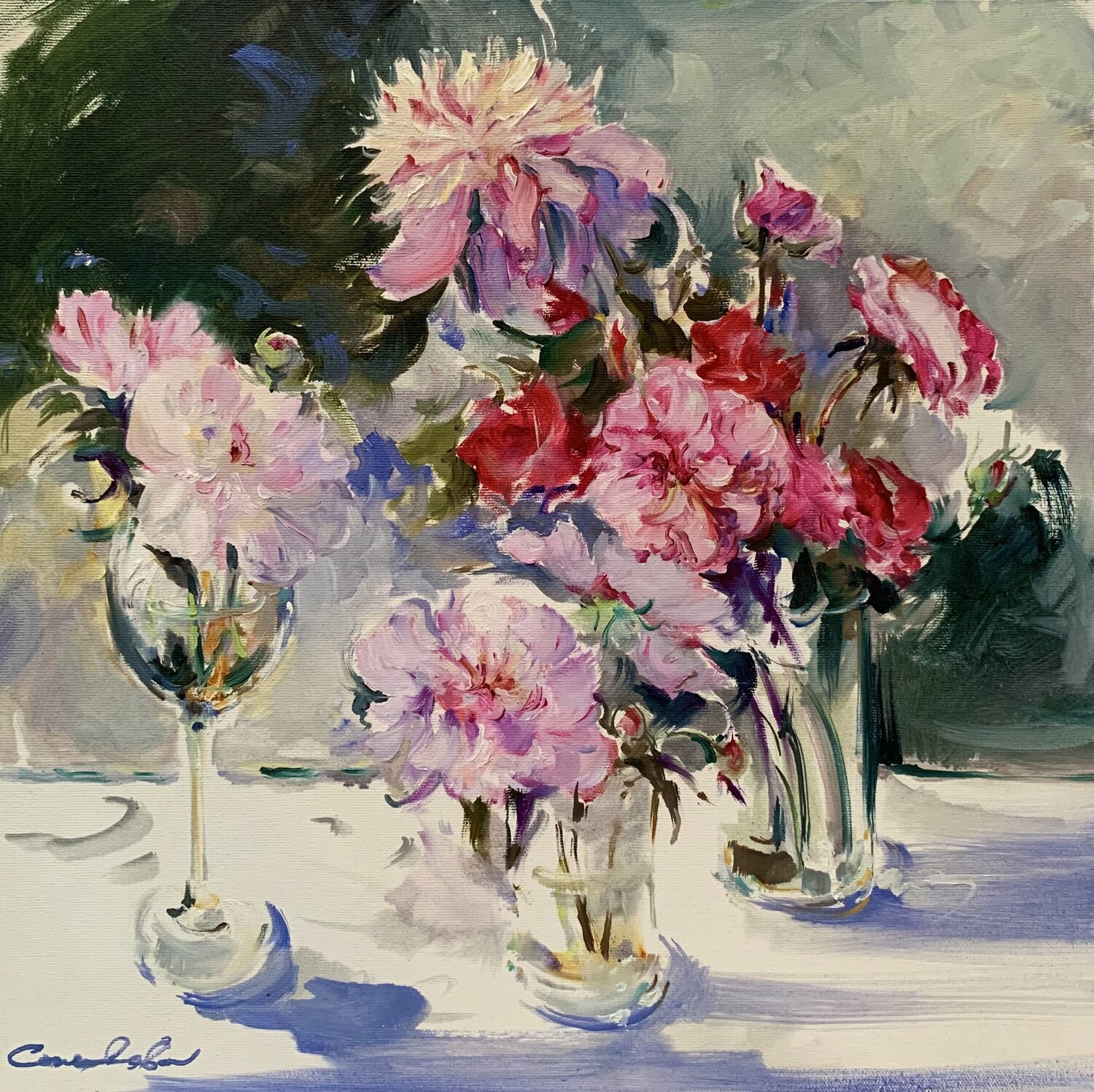 "ROSES AND PEONIES" ,,SPRING FLOWERS"  " PINK&WHITE" "PEONIES IN GLASSES" " STILL LIFE WITH SPRING FLOWERS"  " FLOWERS ON A WHITE TABLECLOTH" Olga Soloviova Original painting for sale
