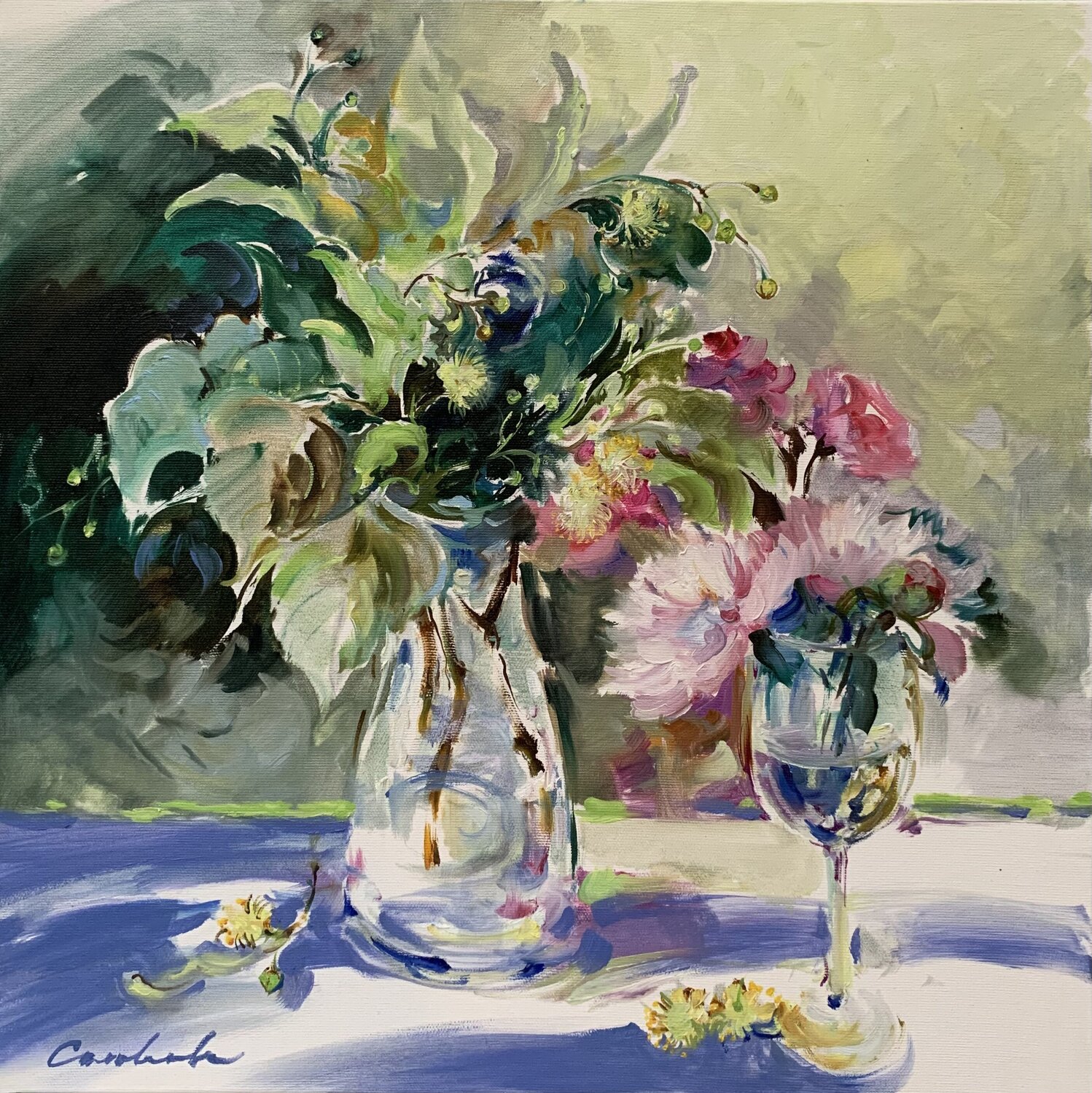 "Spring flowers". "  When the linden blossoms " "Blooming linden and peonies". "Sunlight and flowers".  "Delicate yellow and pink".  "YELLOW&PINK" Olga Soloviova Original painting for sale