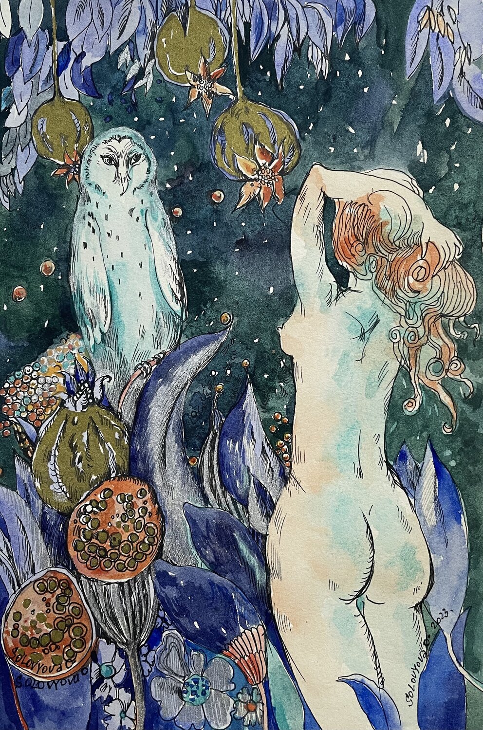,, WHITE  OWL,,  - small watercolour  painting -Woman and white Owl-Unusual meeting-green&blue&gold-Magic and forests-love story-meeting with yourself Olga Soloviova Original painting for sale
